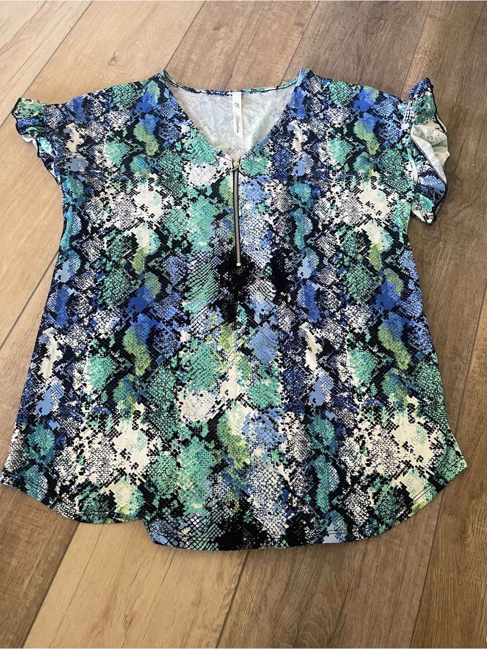 NY Collection Snakeskin Print Zip V-Neck Flutter Sleeve Blouse Blue Green Large